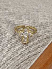 1pc Minimalist Gold Cross Open Ring For Women, Copper Inlaid With Zirconia, Personalized Religious Jewelry, Suitable For Daily Wear/Religious Believers