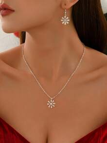 2pcs/Set Elegant Snowflake Silver Color Earrings & Necklace Set, Creative European & American Style, Versatile For Daily Wear And Holidays - Silver - View 2