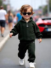 2pcs/Set Young Boy Casual Striped Jacquard Patch Zipper Hoodie And Pants Set, Suitable For Leisure, Sports, Daily Wear, Outdoor, School, Spring & Autumn