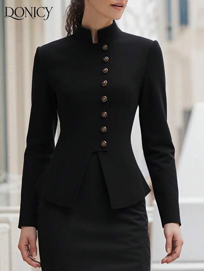 DONICY Women's Spring/Summer Solid Color Stand Collar Single-Breasted Metal Button Long Sleeve Short Jacket, Fashion Classic Retro Elegant British Style Black Casual Outerwear For Daily, Date, Party, Business, Valentine's Day, Carnival