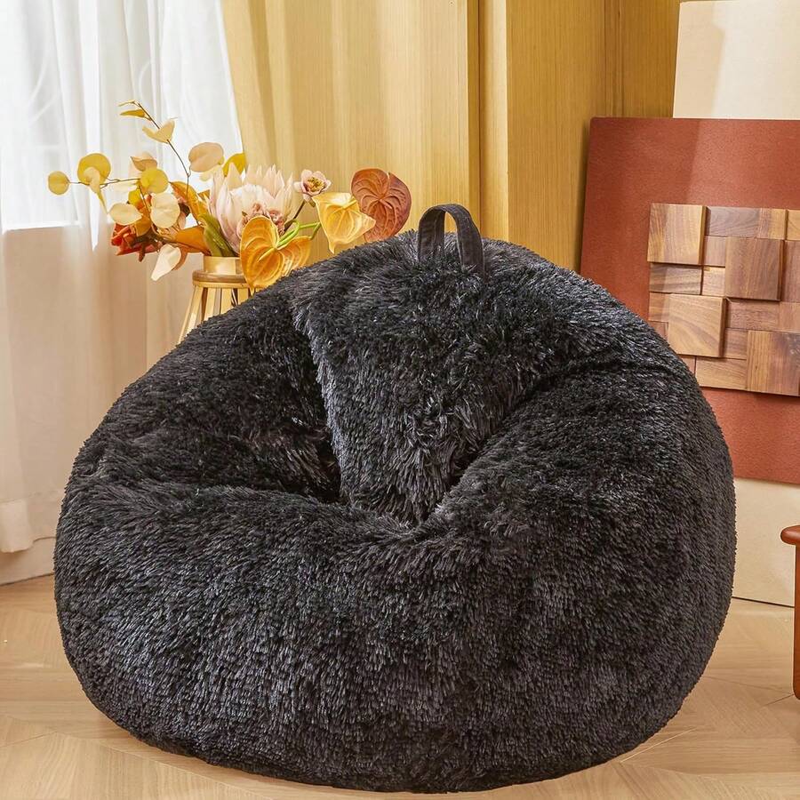 Faux Fur Fuzzy Fluffy Black Bean Bag Chair Covers – Soft Plush Furry Black Bean Bag Chair Cover For  Girl, Stuffed Animals Bean Bag Storage, No Filler, 38"X38"X40",23856459 - 黑色 - 查看 1