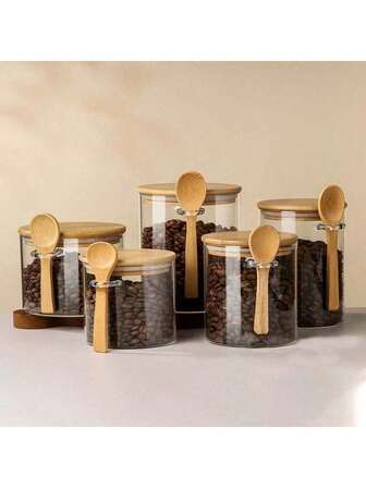 1pc Glass Airtight Canister With Wooden Spoon, Moisture-Proof Coffee Bean Storage Jar, Bamboo Lid Food Storage Container, Kitchen Cereal Preservation Jar, Coffee Bar Glass Jar Set, Household Kitchen Glass Storage Jar For Grains