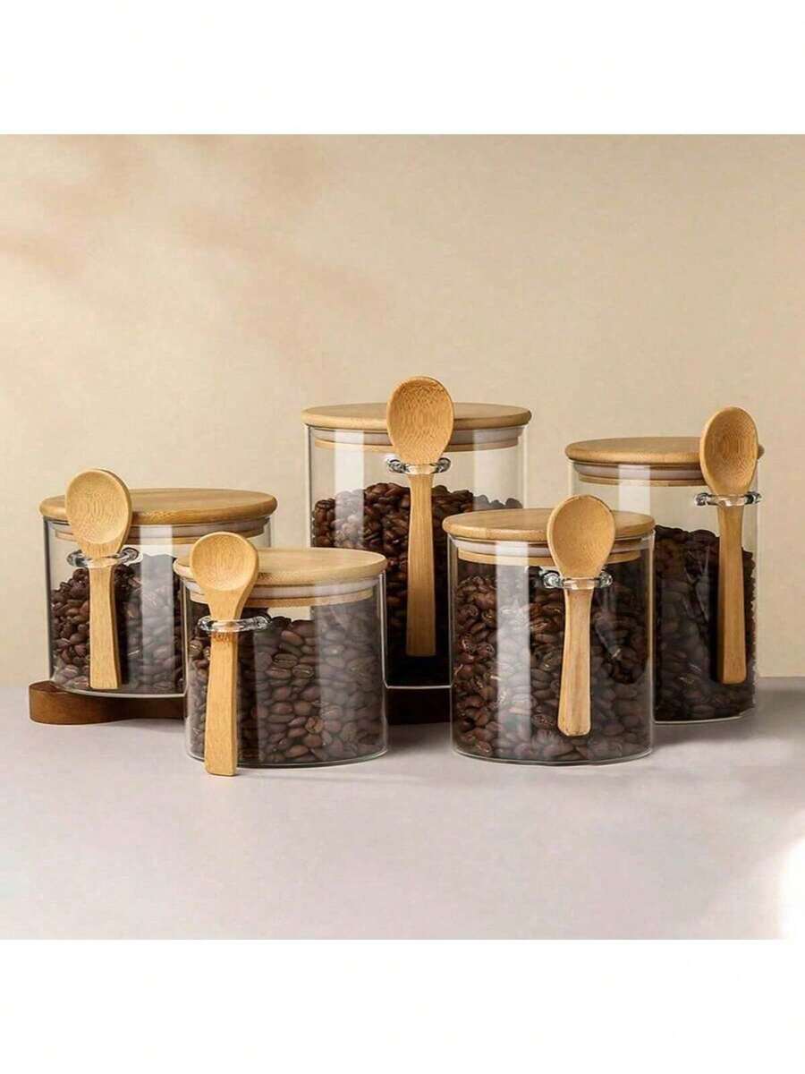 1个带木勺的玻璃密封罐,防潮咖啡豆储存罐,竹盖食品储存容器,厨房谷物保鲜罐,咖啡吧玻璃罐套装,家用厨房谷物玻璃储存罐 - 透明 - 查看 1