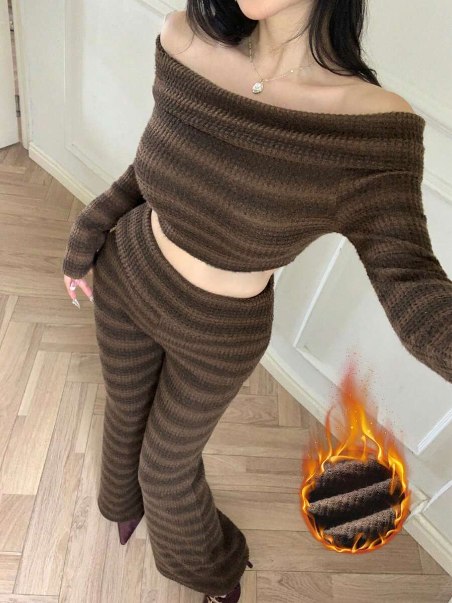 abyoxi Women's Brown Striped, Sexy Off Shoulder Long Sleeve Crop Top And Flare Pants 2 Piece Set, Stretch Knit, Elegant Vintage, Warm Fashion, Casual Commute, Sports Outdoor, Valentine's Day, New Year Party, Date, Spring Fall Winter Outfits - Brown - View 1
