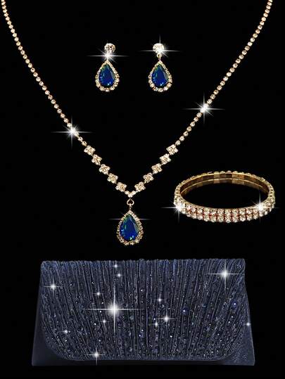 水钻珠宝项链耳环手链套装，奢华闪亮水钻手拿包，适合派对、浪漫婚礼、春夏链条单肩包、新娘包、正式舞会手拿包、优雅晚礼服包，非常适合派对婚礼舞会晚宴/宴会