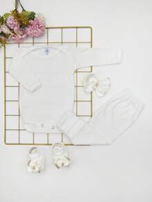 4 Piece Set: Long Sleeve Bodysuit With Booties, Hairband And Ribbed Knit Pants / Baby Girl Set With Booties And Straw Hair Bow - Champagne - View 1