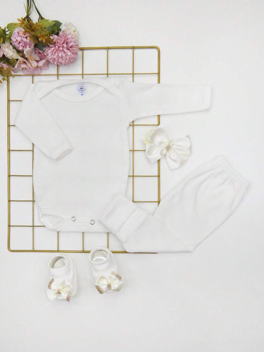 4 Piece Set: Long Sleeve Bodysuit With Booties, Hairband And Ribbed Knit Pants / Baby Girl Set With Booties And Straw Hair Bow - Champagne - View 1