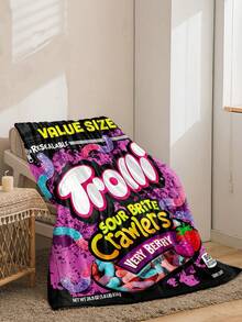 1 buc. Pătură din fleece Trolli Brand Sour Brite Crawlers, pătură mov, pătură pentru ambalarea bomboanelor, pătură drăguță pentru fete, fabricată din flanel, moale la atingere, funcțională caldă, pătură practică pentru dormitor, sufragerie, decor de Crăciun, somn de noapte/picnic la birou