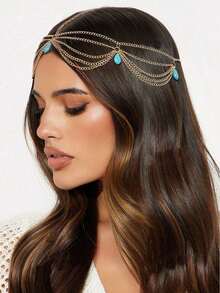 1 件简约复古波西米亚风格仿绿松石流苏头带，时尚金链发饰，适合女性日常和节日，头饰，头饰珠宝，发饰，发藤链，女士珠宝，金色头饰，婚礼