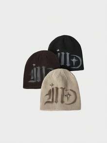 1顶复古街头风字母月亮印花保暖针织帽，男女通用，秋冬季（注意：手绘图案不建议水洗）