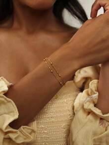 1pc Stainless Steel Gold Color Bracelet, Women's Twist Chain Bracelet, Double Layer Bracelet, Delicate Thin Cord Chain With Beads, Suitable As Gift - Gold - View 3