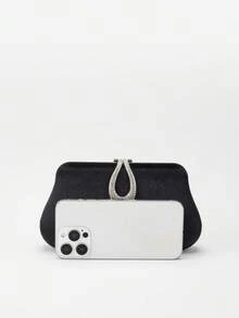 Shiny Velvet Evening Clutch | Rhinestone Embellished Luxury Handbag, Suitable For Weddings And Parties | Formal Ball Gala Clutch - Black - View 8