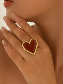 1pc Casual Exaggerated Red Heart Shaped Ring For Women, Suitable For Holiday Gifts And Daily Wear