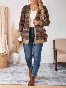 Bohemian Retro Print V-Neck Cardigan, Comfortable Stretchy Knit, Casual Plus Size Women Knitted Cardigan, Spring/Autumn