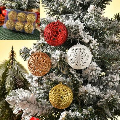 6件6厘米塑料空心圣诞树挂饰，金粉闪光圣诞球，家居圣诞树装饰，派对吊坠，舞会氛围装饰，门窗装饰，适合节日装饰和房间派对，圣诞节的最佳选择；注意：本产品为手工艺品，有轻微污垢、灰尘、油墨印刷和胶水溢出。金粉可能会脱落。本产品出现小划痕属正常现象，不影响外观和使用。