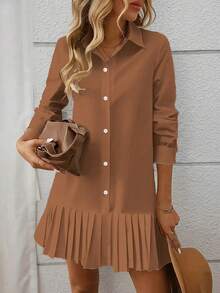 Women's Elegant Solid Color Pleated Collar Front Button Closure And Side Slit Shirt Dress Spring - Brown - View 6
