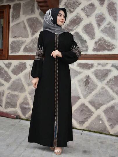 GDFashion Modest Black Embroidery Detail Puff Sleeve Abaya, Islamic Casual Button Front Maxi Dress