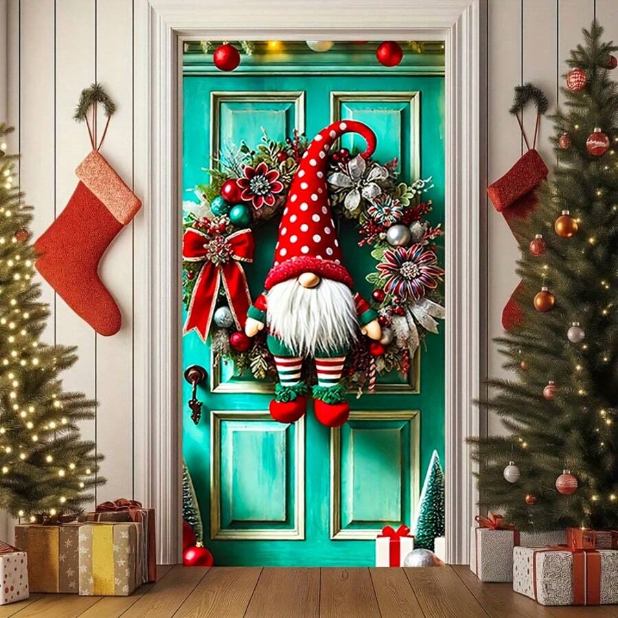 1 Stück roter Punkte-Hut Gnom Weihnachts-Türkranz, festlicher Polyester-Kreis-Türdekoration mit Blumen- und Schleifen-Details, wiederverwendbare Feiertags-Wandbehang & Outdoor-Garten-Flagge Dekoration, Mehrzweck-Dekorative Türschilder für Weihnachtsfeiern, Winterversammlungen & saisonale Festliche Displays (90x180cm)