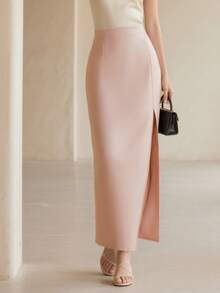 Amyenjoylife Moderne Filipiniana Kleidung Rock Elegant, Rosa geteilter Midi-Rock, Eleganter und stilvoller Damen Midi-Rock, Valentinstag Chic Rosa Rock - Pink - Übersicht 3