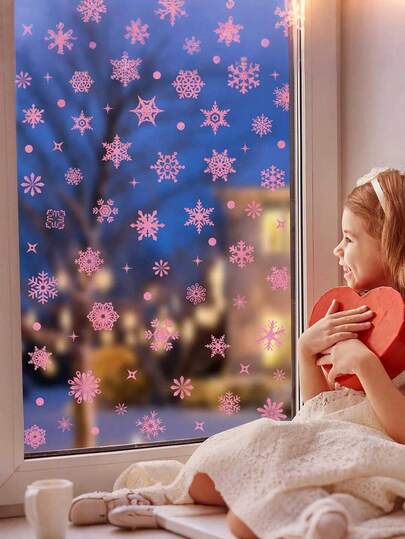 Pegatinas navideñas de copos de nieve con brillo rosa (9 hojas) - Decoraciones adhesivas decorativas para el hogar, la oficina, la escuela y fiestas navideñas