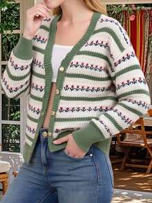 Women Knit Cardigan Long Sleeve Button Closure Flower Fall Casual Jacket Sweater - Green - View 3