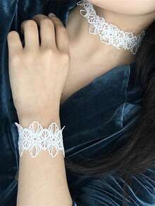 1 Pair Vintage Style Black Lace Trim Necklace & Bracelet Set, Elegant Sexy Choker Necklace, Suitable For Wedding, Halloween, Christmas