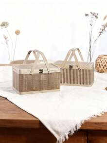 سلة نسيج طبيعية مع غطاء، سلة تسوق ريفية محمولة، يمكن استخدامها لجمع البيض/ديكور الزفاف/تخزين الألعاب/سلة نزهة خارجية، يمكن مطابقتها بحرية