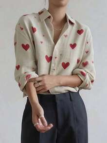 Women's Woven Fabric Heart Print Blouse With Shirt Collar And Long Regular Sleeves Button Detail Top Fall Clothes For Women Shirts