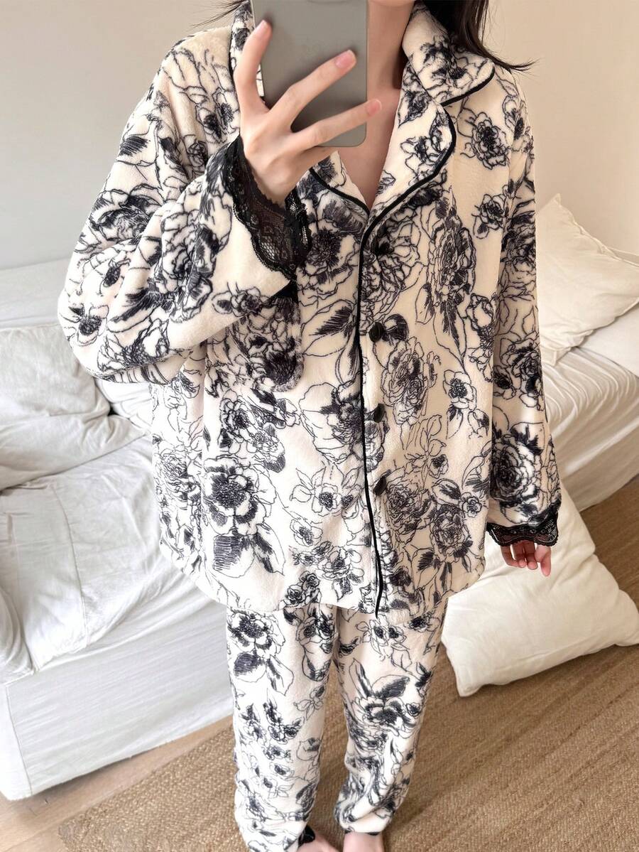 2pcs Women's Flannel Fluffy Pajama Set, Lapel Collar Top & Pants, Black & White Contrast Color Lace Trim, Suitable For Autumn/Winter, Fall Clothes, Cozy