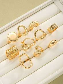 10pcs Set Vintage Old Coin Style Asymmetrical Geometric Open Ring For Women,Suit For Vacation, Party, Date, Daily Wear, Gift (No Box) - Yellow Gold 3 - View 2