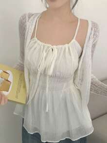 Women's Solid Color Bowknot Front Design Camisole, Fresh Style For Spring/Summer Casual White - White - View 5