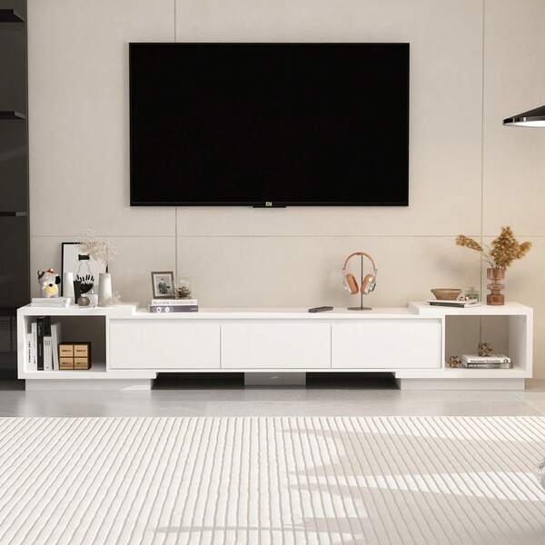 ECACAD Modern Expandable TV Stand With 3 Drawers And 2 Open Shelves, Low Profile Media Console For Living Room, White Wood Entertainment Center