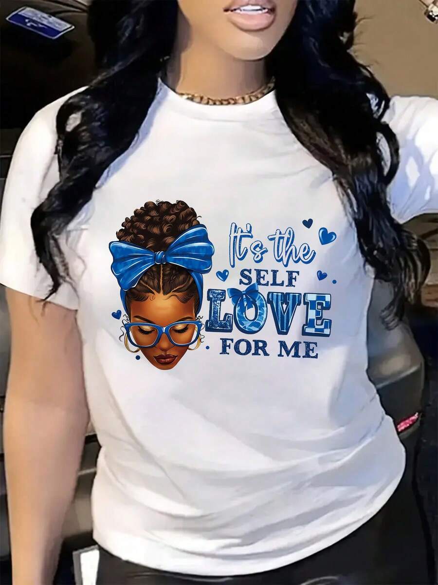 Love Yourself Women's T-Shirt - Casual Round Neck, Short Sleeve With Chic Portrait & Letter Print, Breathable Cotton Blend, Machine Washable - Perfect For All Seasons - White - View 1