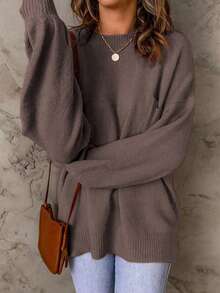 Women's Casual Crew Neck Pullover Solid Color Drop Shoulder Patch Pocket Sweater - Maroon - View 7