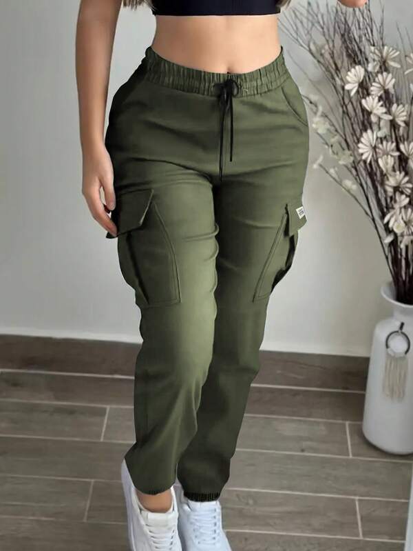 Pantalones cargo con cordón en la cintura para mujer, diseño de bolsillos, pantalones jogger casuales para exteriores para primavera y otoño