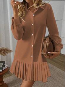 Women's Elegant Solid Color Pleated Collar Front Button Closure And Side Slit Shirt Dress Spring - Brown - View 5