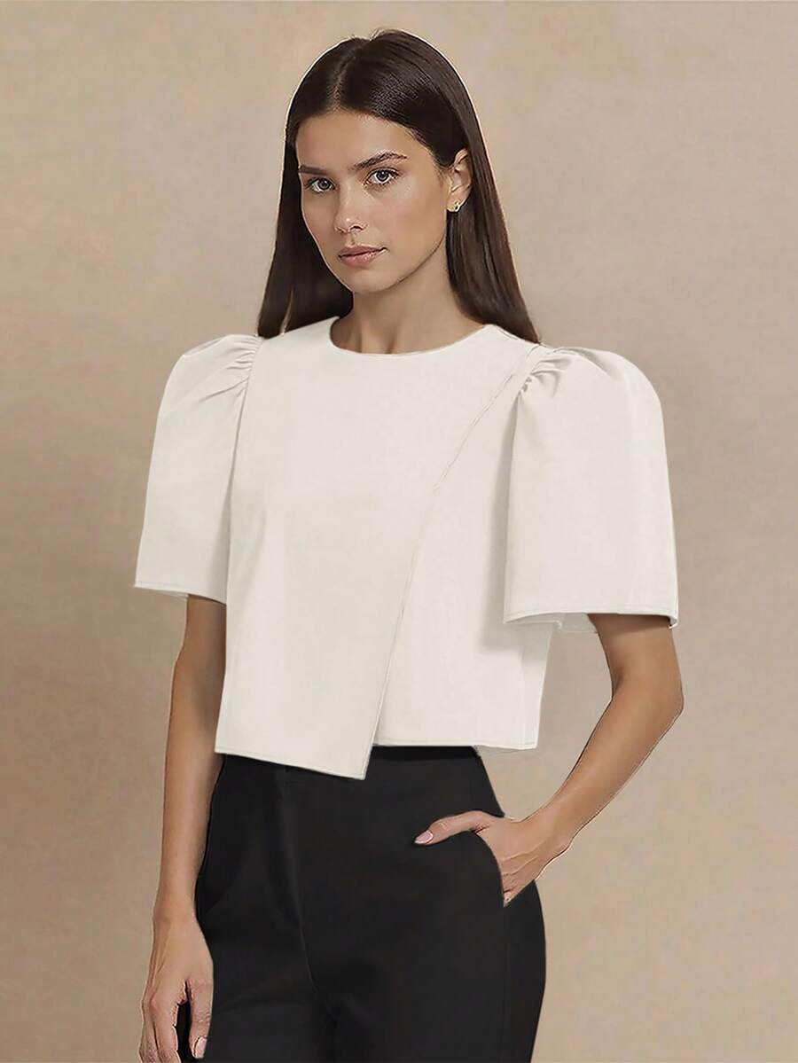 Amyenjoylife Modern Filipiniana Blouse,Sleek Irregular Hem Solid Shirt,Simple And Elegant Bubble Sleeve Round Neck Pullover, Irregular Hem Shirt,Filipiniana Inspired Top,Thanksgiving White Top - White - View 1