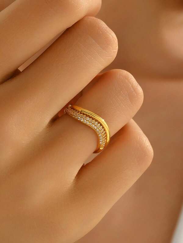 2pcs/Set Fashionable 18K Gold Plated Copper Wavy Line Zirconia Rings, Couples Engagement Wedding Party Accessories
