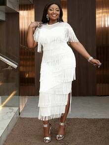 Áo kiểu nữ cỡ lớn màu trắng có tua rua, tay ngắn, đầm midi thanh lịch có tua rua thích hợp cho tiệc tùng mùa hè. - trắng - Xem 7