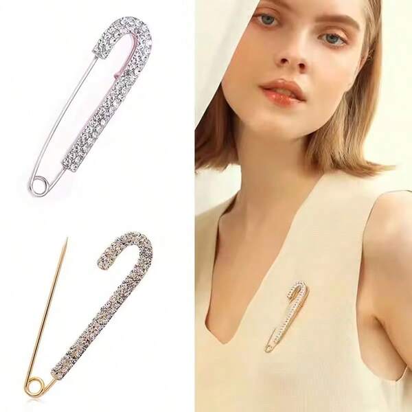 2/4pcs Rhinestone Decorative Brooch, Multifunctional Shawl Clip And Safety Pin, Elegant Fashion Accessory For Women's Coats, Scarves, Sweaters And Dresses - Gold/Silver Metal Design - Ideal For DIY Fashion Styling, Winter Outfits, Christmas Parties, Weddings And Holiday Gifts, New Year Gifts And Daily Wear