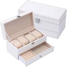 Estuche organizador de relojes, caja de reloj de doble capa cuero con 4 ranuras con ventana de vidrio real, vitrina de almacenamiento de joyas para mujeres, hombres, padre, esposo, novio - 4 casillas blancas - 2 capas - Ver 13