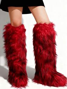 2025 Winter Knee High Boots Pull-On Faux Fur Boots Furry Fluffy Round Toe Fashion Boots For Women Suede Comfy Plush Warm Knee High Boots Outdoor Indoor Flat Shoes EdgyElongate Party Dressy Women Winter Autumn Fall Boots - Màu đỏ dài đến đầu gối - Xem 10