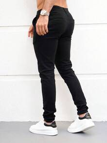 Men's Skinny Twill Pants With Lycra Slim Casual Traditional FIT 4 Pocket - Preto - 查看 3
