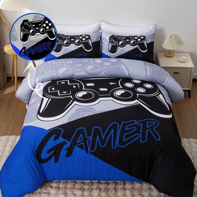 3pcs Blue-Black-Gray/Red-Black-Gray Patchwork Game Controller Bedding Set, Includes 1 Duvet Cover And 2 Pillow Shams, Soft Microfiber, Suitable For Bedroom, Dorm (Boys/Girls), Or Travel
