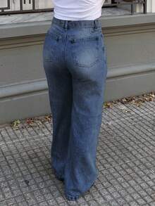 男友风宽松直筒牛仔裤，适合夏季穿着 - 深色水洗藍 - 查看 3