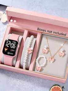 6pcs/Set Minimalist Cute Pink LED Digital Bracelet Watch, Fashion Jewelry Set For Teens & Students, Suitable As Halloween, Birthday Gifts (No Box) - Multicolor - View 2