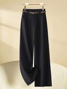 女士优雅黑色直筒全长梭织长裤，无弹力，适合办公或休闲穿着，不含腰带 - 黑色 - 查看 5