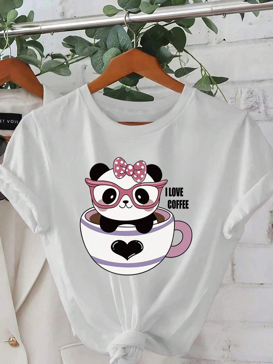 Women'S Casual Pink Graphic T-Shirt With Cute Panda Design - Short Sleeve, Round Neck, Machine Washable, Perfect For Spring & Summer Outfits, Spring FashionPlayful Graphic ShirtCrew Neck Te - 白色 - 查看 1