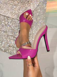 Sandal Hak Tinggi Wanita Ujung Lancip Warna Polos dari Kulit Paten - Hot Pink - View 1