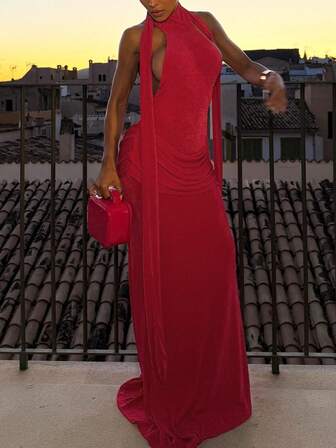 New Fashionable Solid Color Sexy Backless Sleeveless Bodycon Dress